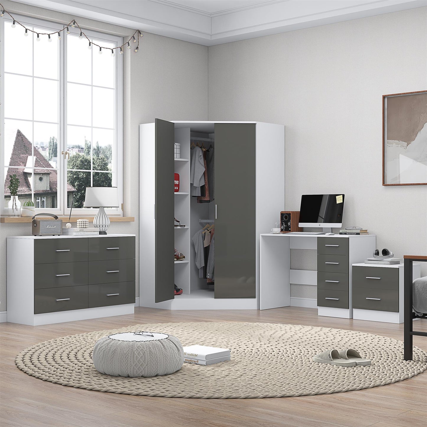 Reflect 2 Door Corner Wardrobe, 6 Drawer Chest, 2 Drawer Bedside & Desk - Grey Gloss & Matt White - Bedroom Furniture Set