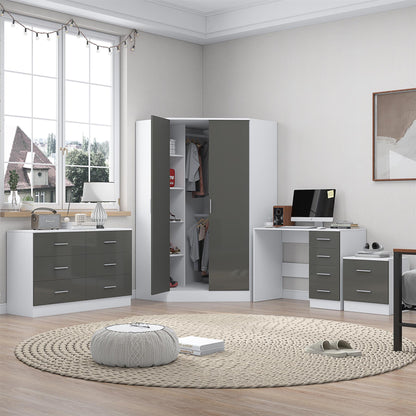 Reflect 2 Door Corner Wardrobe, 6 Drawer Chest, 2 Drawer Bedside & Desk - Grey Gloss & Matt White - Bedroom Furniture Set