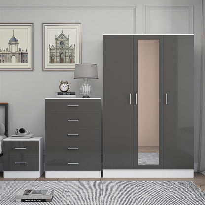 REFLECT Gloss 3pc Set - 3 Door Mirrored Wardrobe + 5 Draw Chest + Bedside