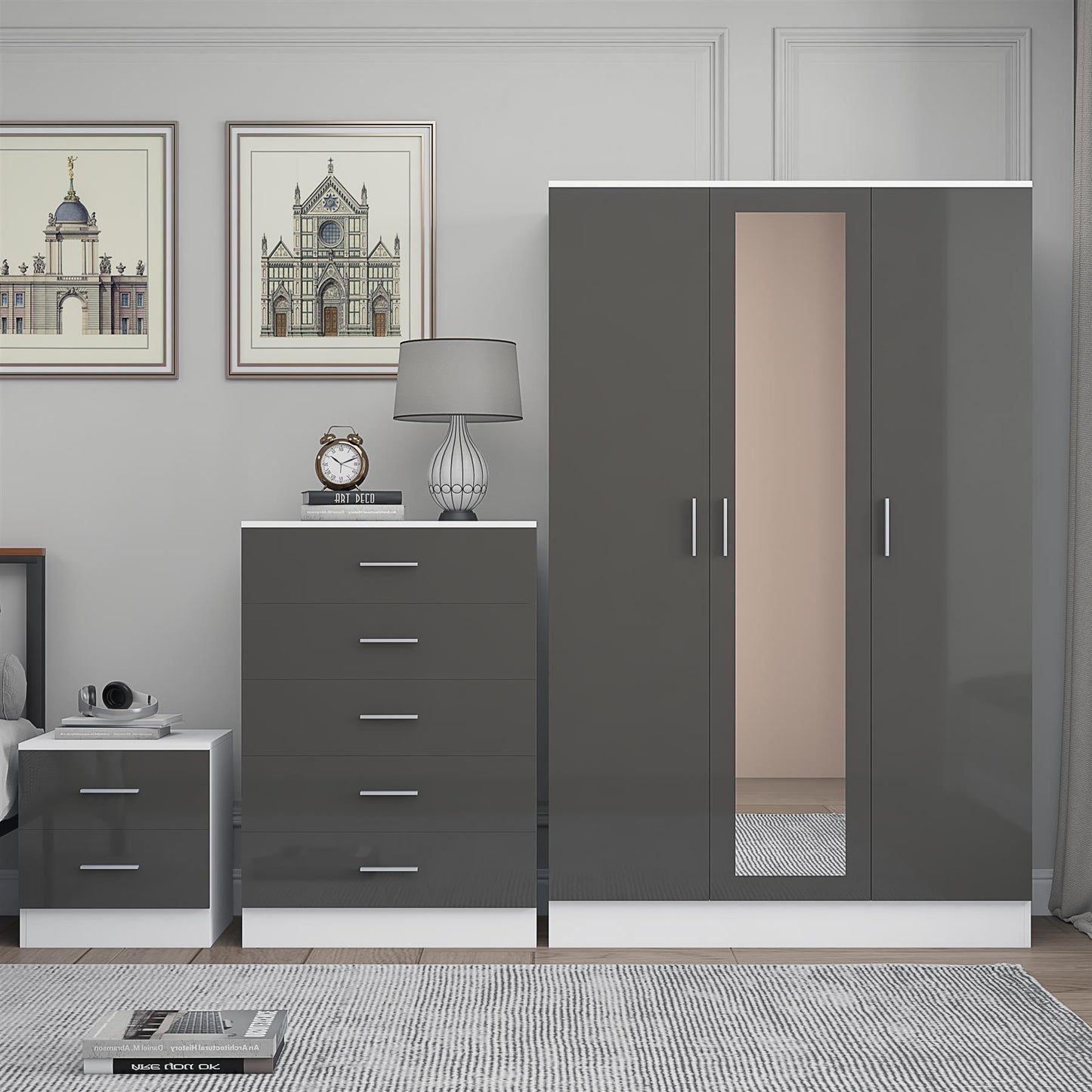 Reflect 3 Door Mirror Wardrobe, 5 Drawer Chest, 2 Drawer Bedside - Grey Gloss & Matt White - Modern Bedroom Furniture Set