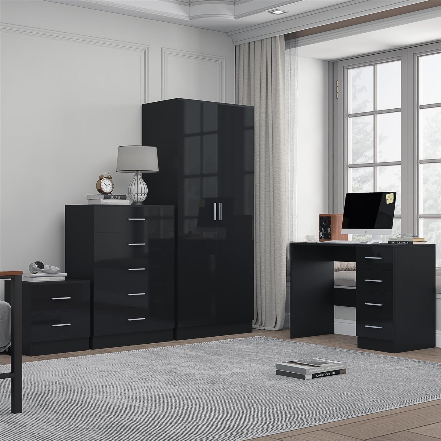 REFLECT Gloss 4pc Bedroom Set - 2 Door Wardrobe + 5 Draw Chest + Bedside + Desk
