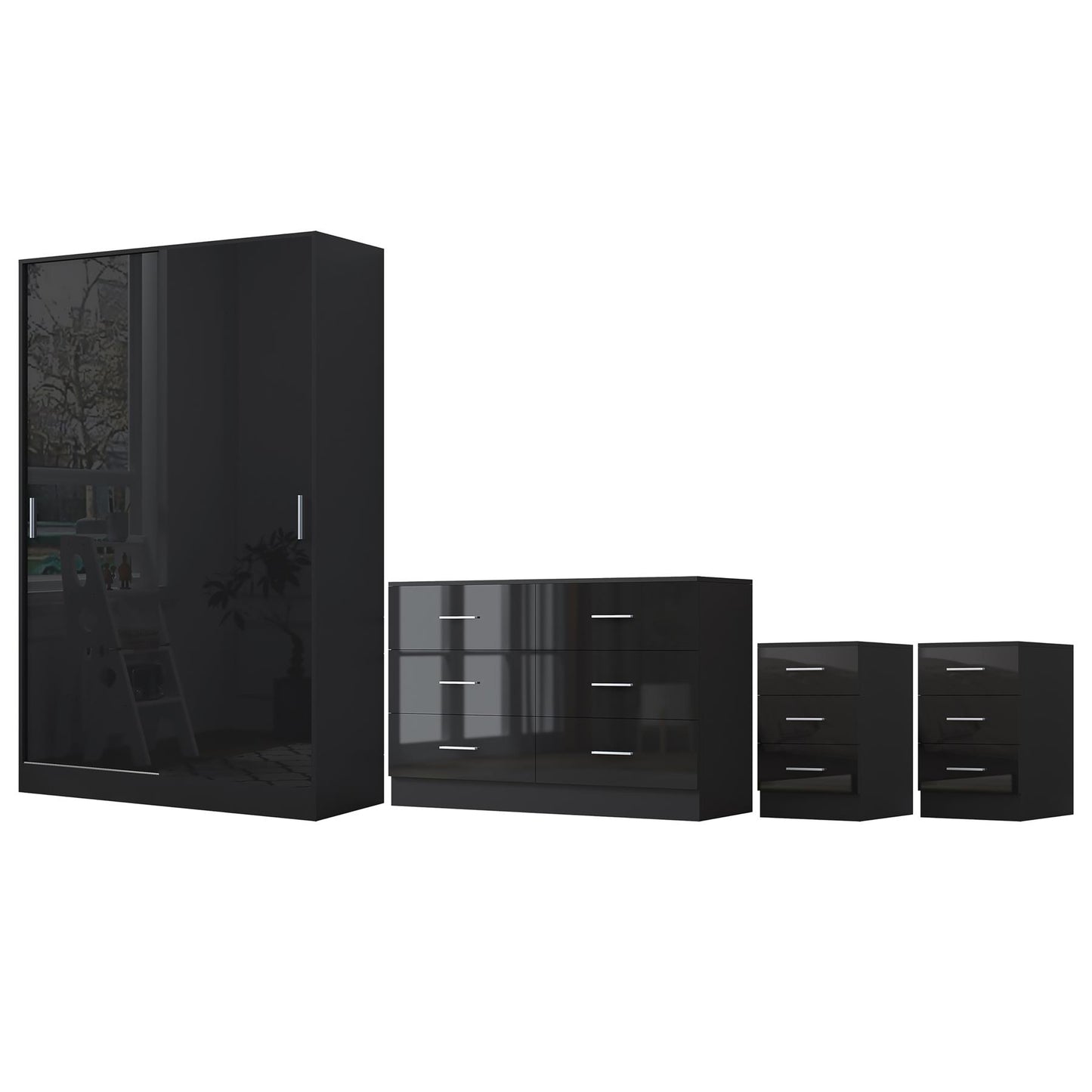 REFLECT Gloss 4pc Set - 2 Door Sliding Wardrobe + Wide Chest + 2 Tall Bedsides