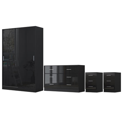 Reflect 2 Door Sliding Wardrobe, 6 Drawer Wide Chest, 2x3 Drawer Bedsides - Black Gloss & Black Oak - Modern Bedroom Furniture Set
