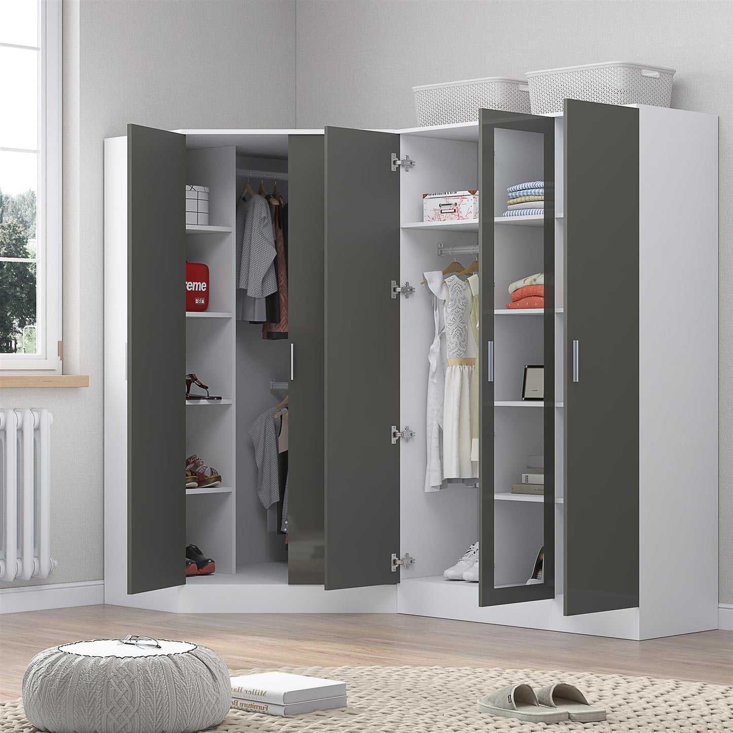 Reflect 2pc Wardrobe Bundle - 2 Door Corner + 3 Door Mirror - Grey Gloss & Matt White