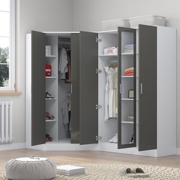 Reflect 2pc Wardrobe Bundle - 2 Door Corner + 3 Door Mirror - Grey Gloss & Matt White