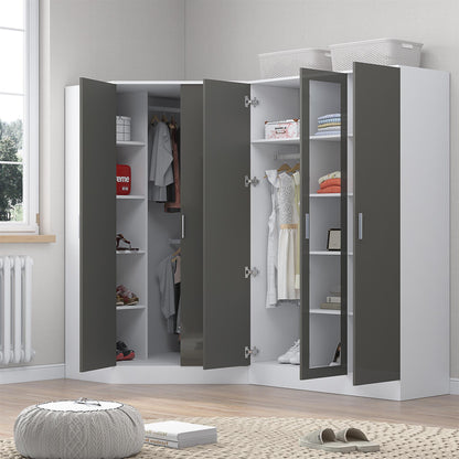 Reflect 2pc Wardrobe Bundle - 2 Door Corner + 3 Door Mirror - Grey Gloss & Matt White