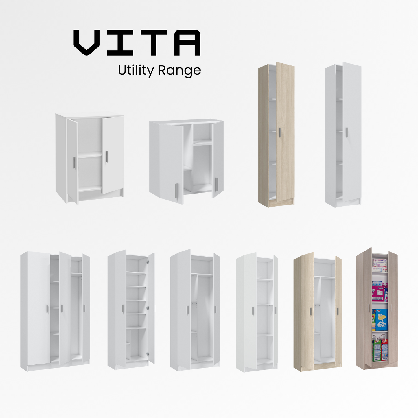 VITA Utility Laundry Cupboard / Cabinet Storage Units in White OR Oak Options