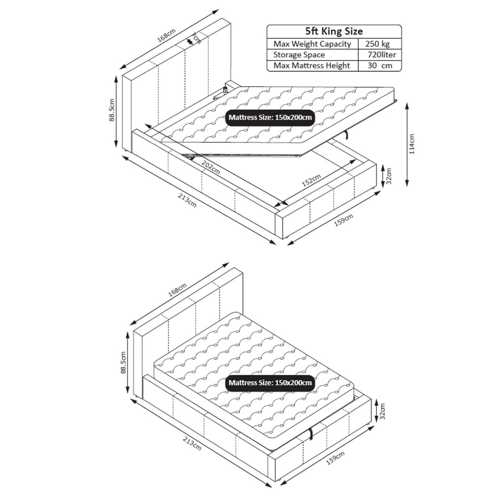 TEDDY BOUCLE 5FT King White Ottoman Storage Bed Gas Lift Up with 15cm Memory Foam Mattress
