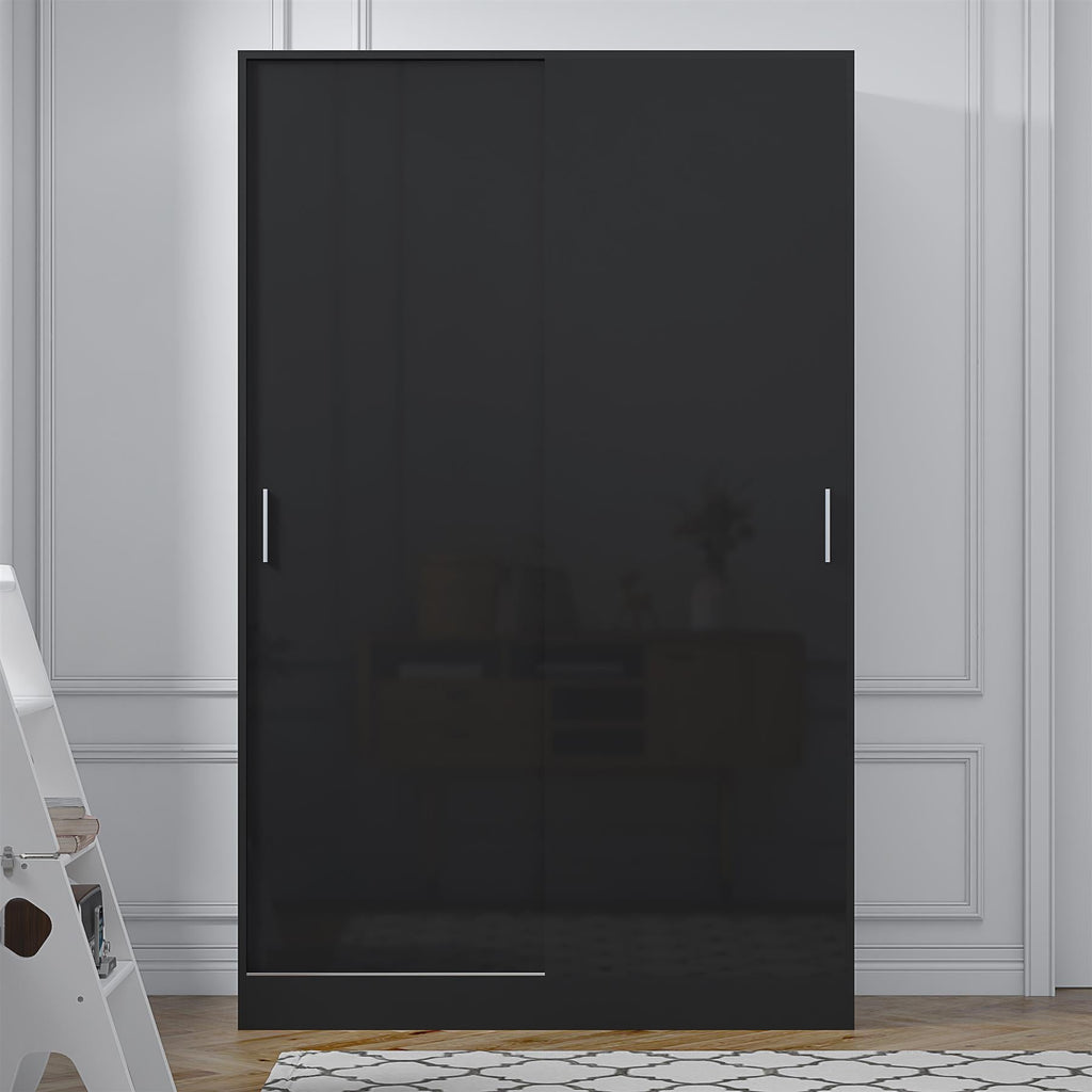 Reflect 2 Door Sliding Wardrobe - Black Gloss & Black Oak - Hanging Rails & Shelves - H:180cm x W: 120cm x D: 58cm - Modern Design