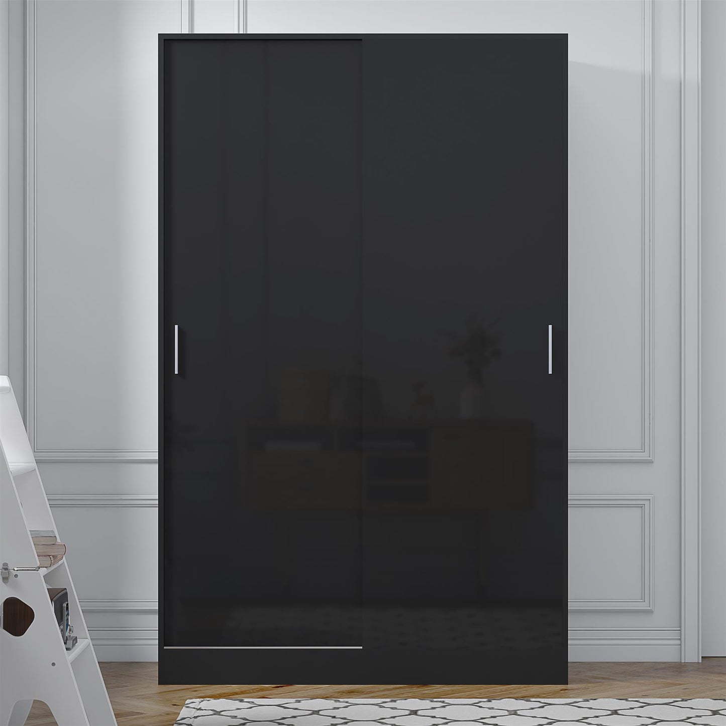 Reflect 2 Door Sliding Wardrobe - Black Gloss & Black Oak - Hanging Rails & Shelves - Modern Design