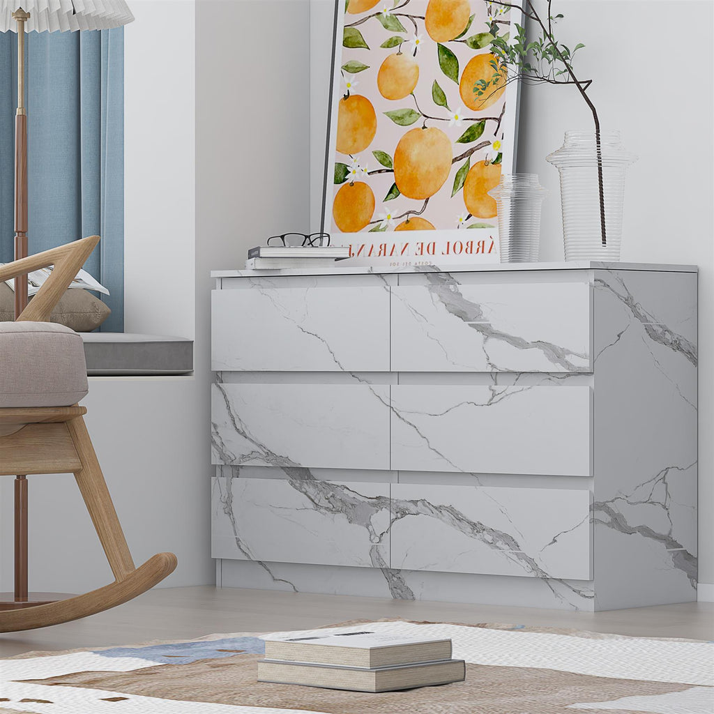 ZITA Bedroom Furniture Wide 6 Drawer Chest in White OR Grey Marble Colour Option