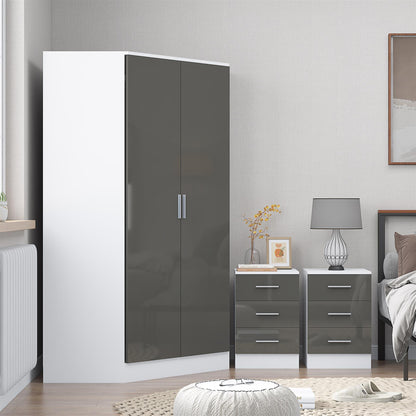 Reflect 3pc Wardrobe Bundle - 2 Door Corner + 2x 3 Drawer Bedsides - Grey Gloss & Matt White
