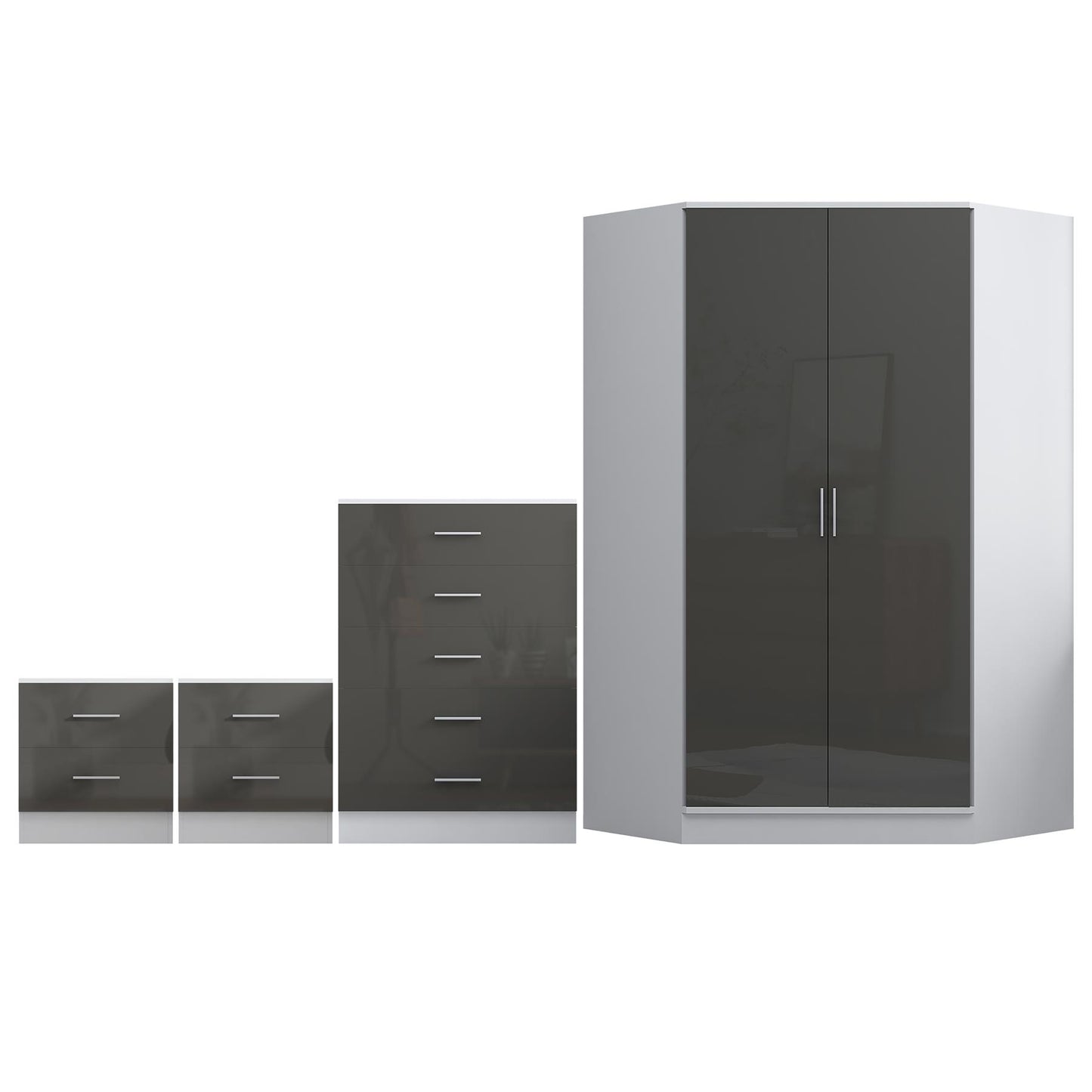 REFLECT Gloss 4pc Set - 2 Door Corner Wardrobe + 5 Draw Chest + 2 Bedsides