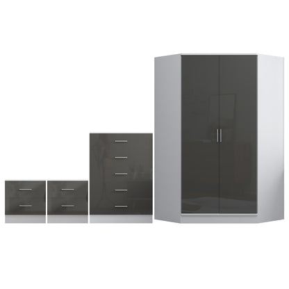 REFLECT Gloss 4pc Set - 2 Door Corner Wardrobe + 5 Draw Chest + 2 Bedsides