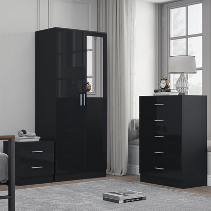 REFLECT Gloss 3pc Set - 2 Door Mirrored Wardrobe + 5 Draw Chest + Bedside