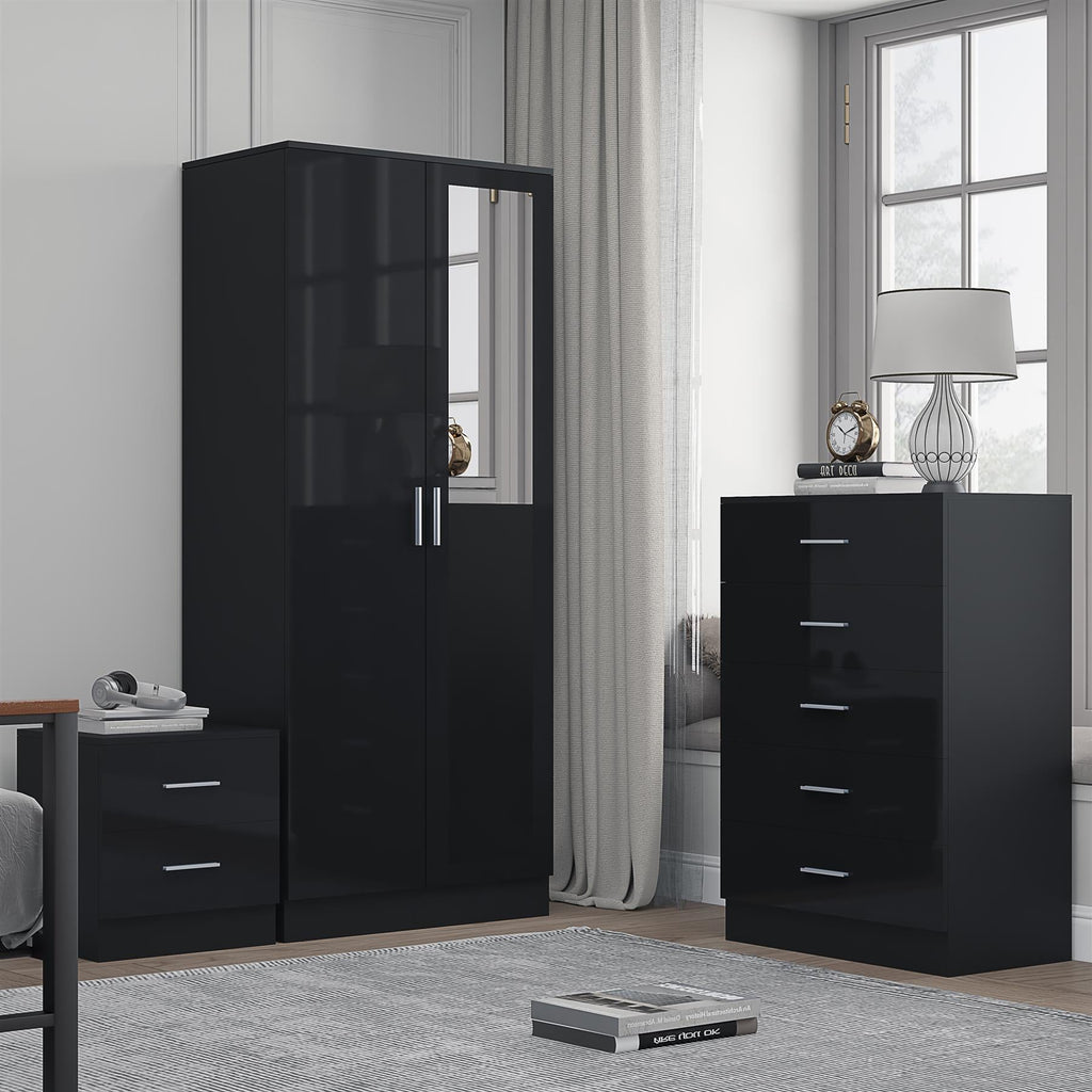 Reflect 2 Door Mirror Wardrobe, 5 Drawer Chest, 2 Drawer Bedside - Black Gloss & Black Oak - Modern Bedroom Furniture Set