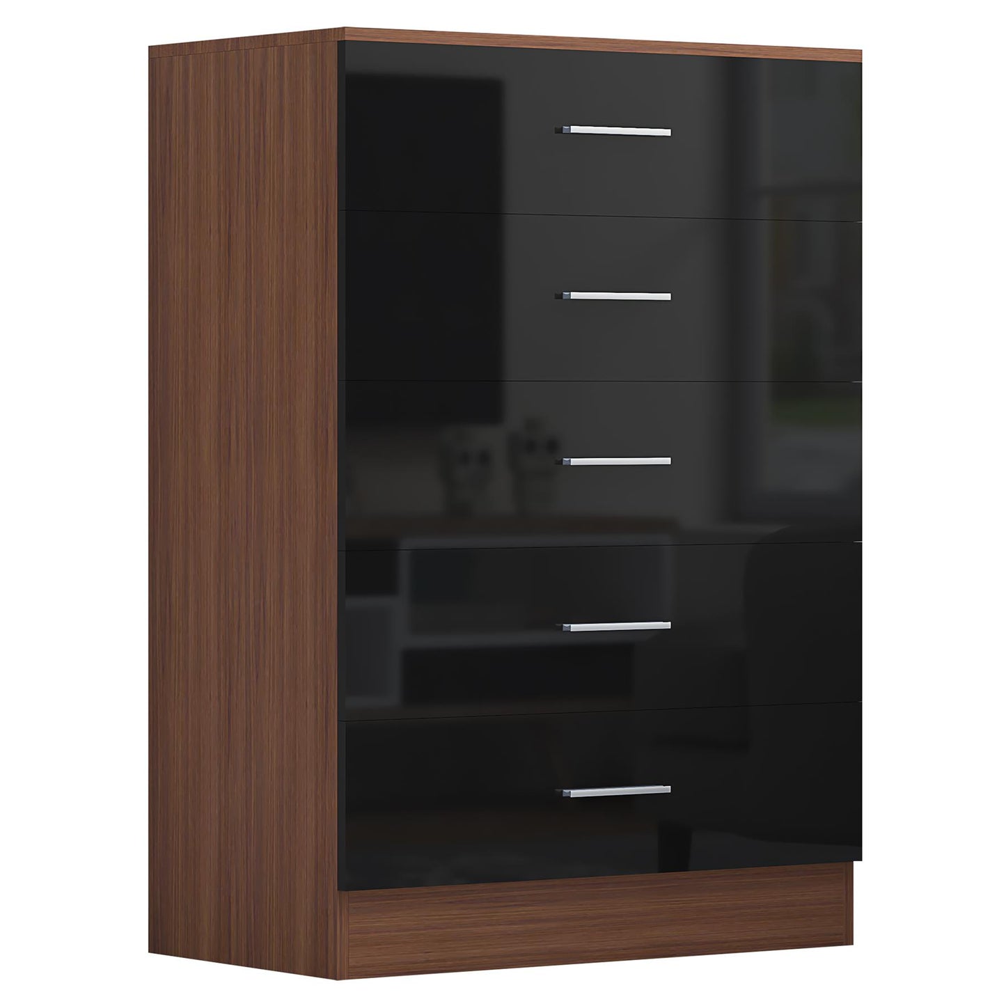 Reflect 1 Door Plain Wardrobe, 5 Drawer Chest, 2x 2 Drawer Bedsides - Black Gloss & Walnut - Modern Bedroom Furniture Set