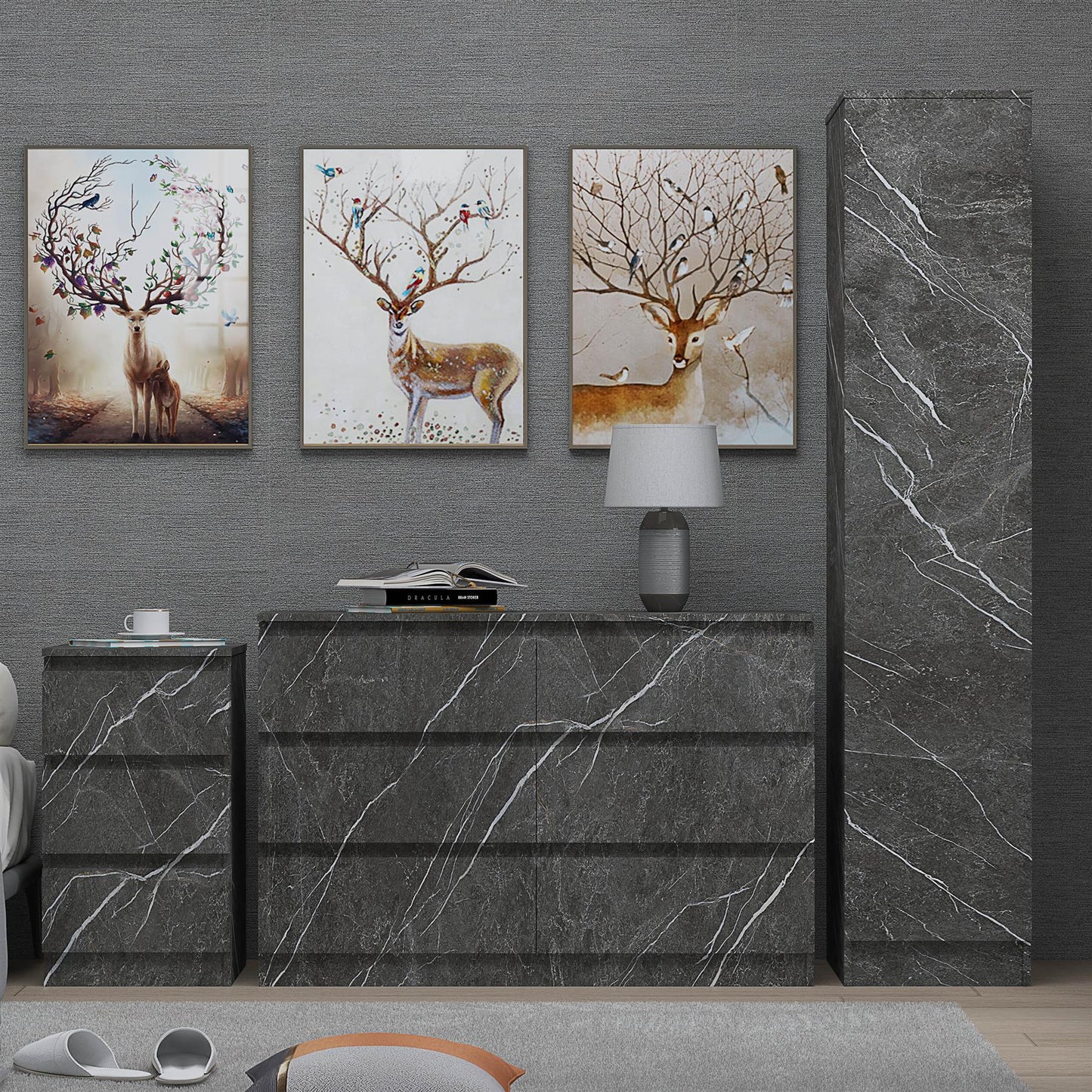 ZITA 3pc Set - 1 Door Wardrobe + Wide Chest + Bedside in White OR Grey Marble