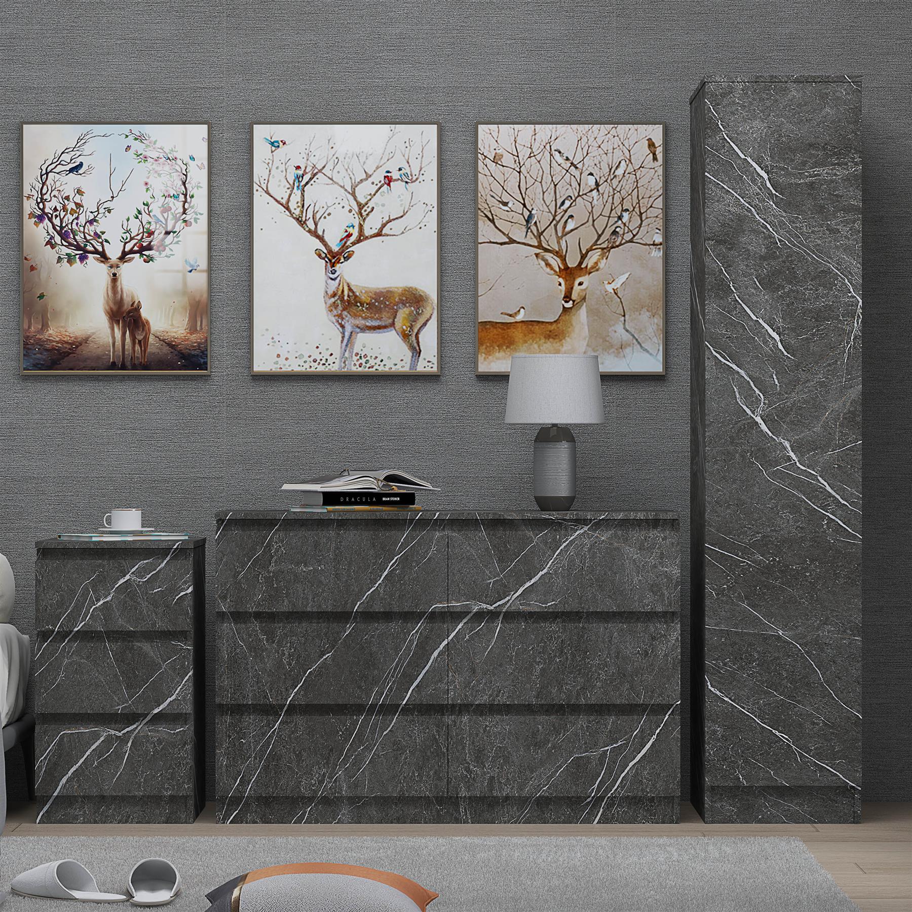 ZITA Grey Marble Effect 3 Piece Bedroom Set - 1-Door Wardrobe, Wide Chest & Bedside Table, Stylish Modern Bedroom Furniture