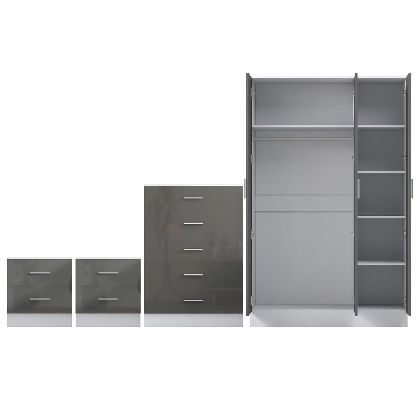 REFLECT Gloss 4pc Bedroom Set - 3 Door Wardrobe + 5 Draw Chest + 2 Bedsides
