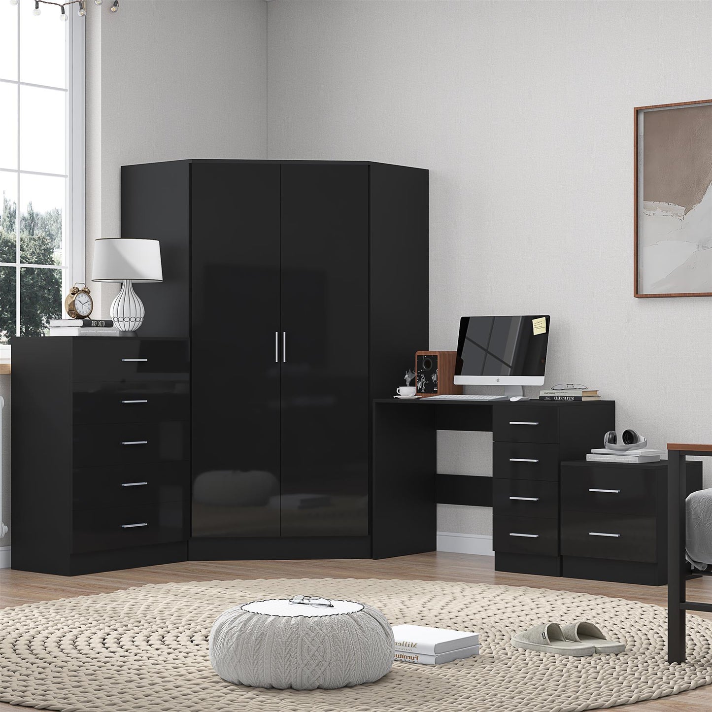 Reflect 2 Door Corner Wardrobe, 5 Drawer Chest, 2 Drawer Bedside & Desk - Black Gloss & Black Oak - Bedroom Furniture Set