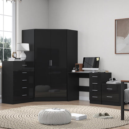 Reflect 2 Door Corner Wardrobe, 5 Drawer Chest, 2 Drawer Bedside & Desk - Black Gloss & Black Oak - Bedroom Furniture Set