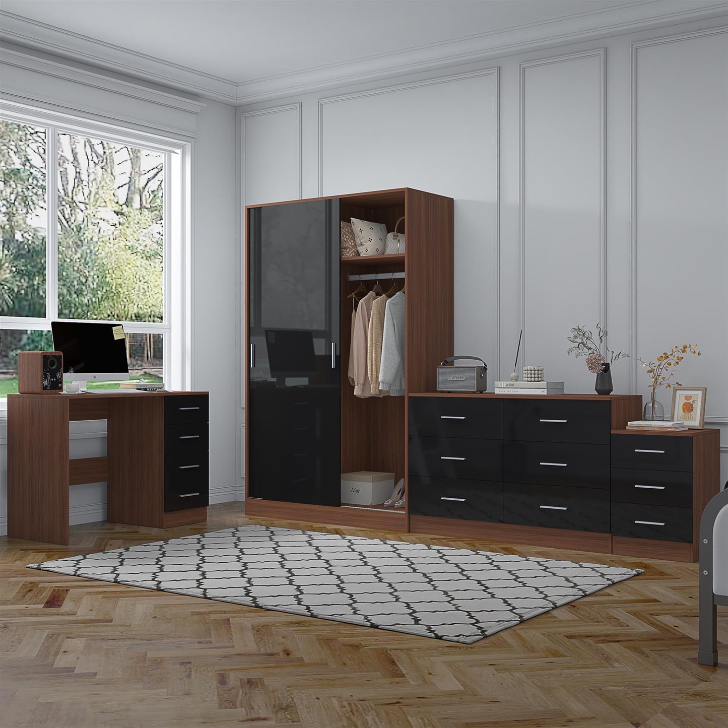 Reflect 2 Door Sliding Wardrobe, 6 Drawer Wide Chest, 3 Drawer Bedside, 4 Drawer Desk - Black Gloss & Walnut - Modern Bedroom Furniture Set