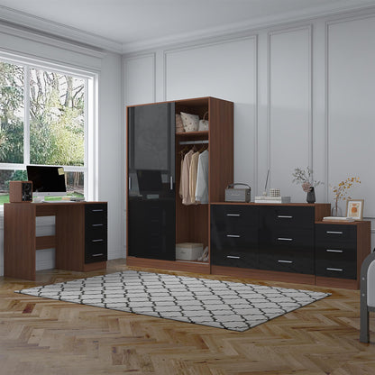 Reflect 2 Door Sliding Wardrobe, 6 Drawer Wide Chest, 3 Drawer Bedside, 4 Drawer Desk - Black Gloss & Walnut - Modern Bedroom Furniture Set