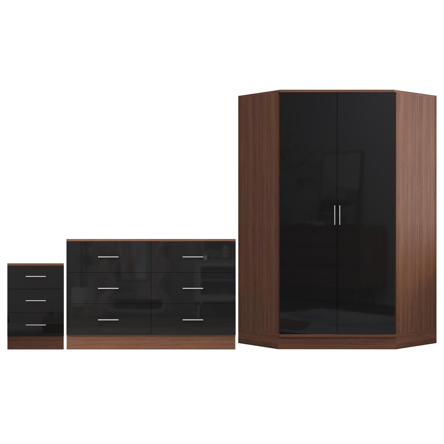 Reflect 2 Door Corner Wardrobe, 6 Drawer Chest, 3 Drawer Bedside - Black Gloss & Walnut - Bedroom Furniture Set