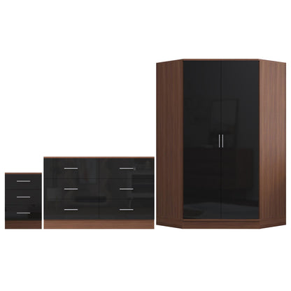 Reflect 2 Door Corner Wardrobe, 6 Drawer Chest, 3 Drawer Bedside - Black Gloss & Walnut - Bedroom Furniture Set