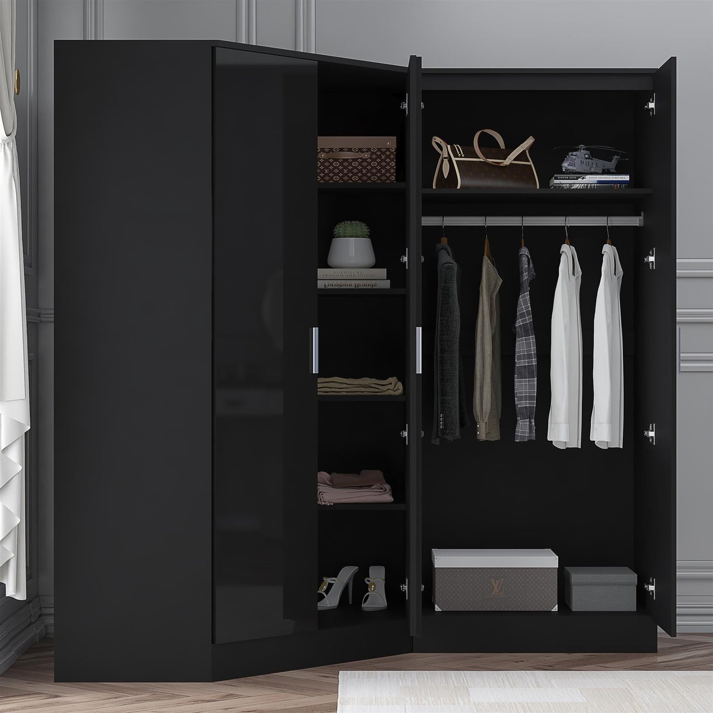 Reflect 2pc Wardrobe Bundle - 2 Door Corner + 2 Door Mirror - Black Gloss & Black Oak