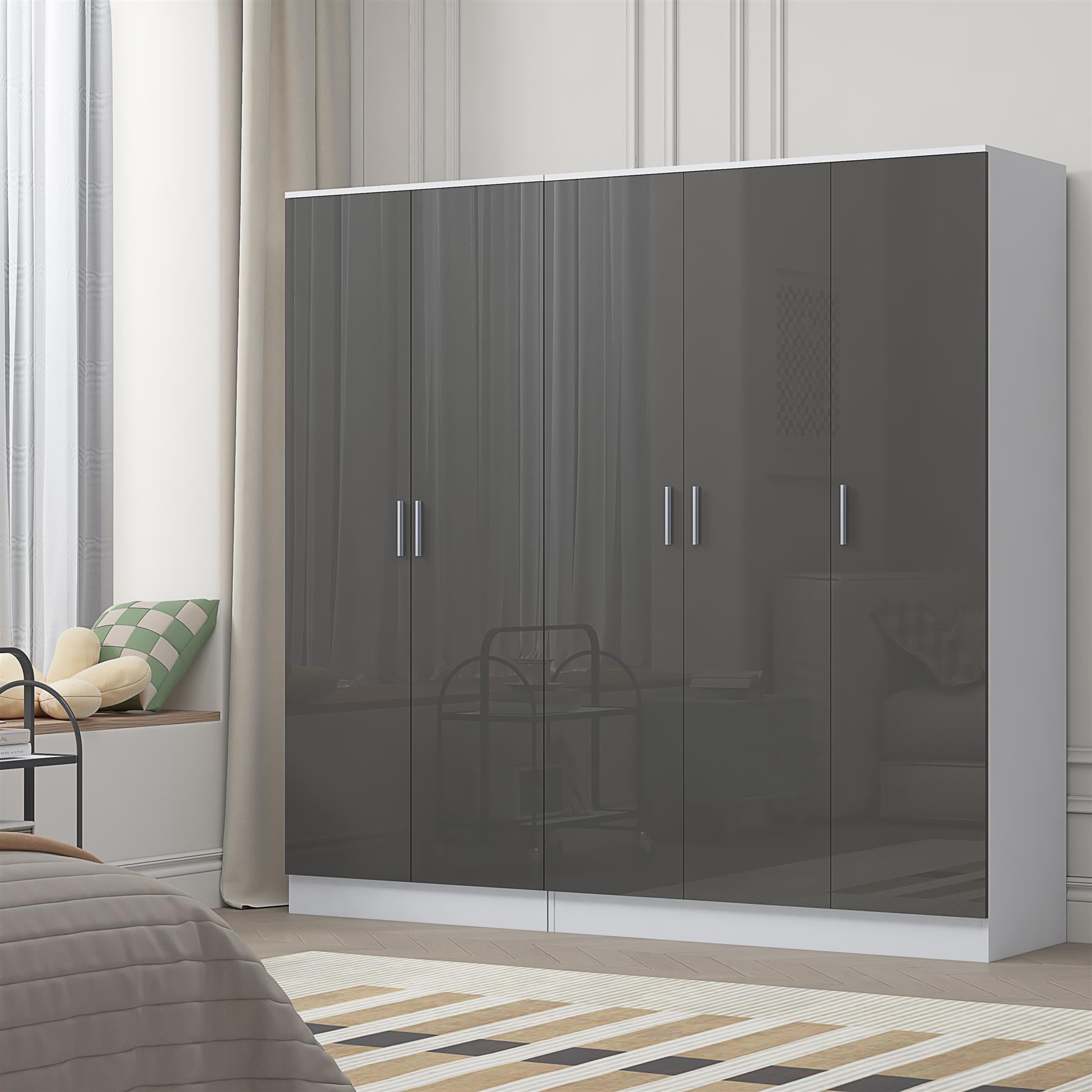 REFLECT - 3 Door PLAIN + 2 Door PLAIN Wardrobe - Gloss Grey / Matt White