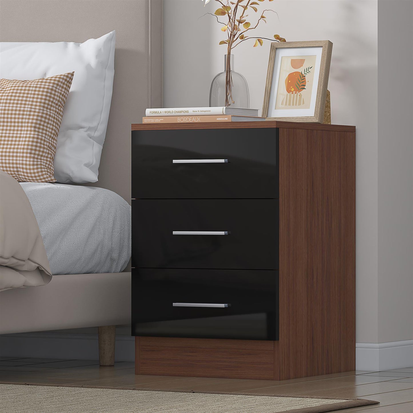 Reflect 3 Drawer Bedside - Black Gloss & Walnut - Modern Nightstand for Bedroom Storage