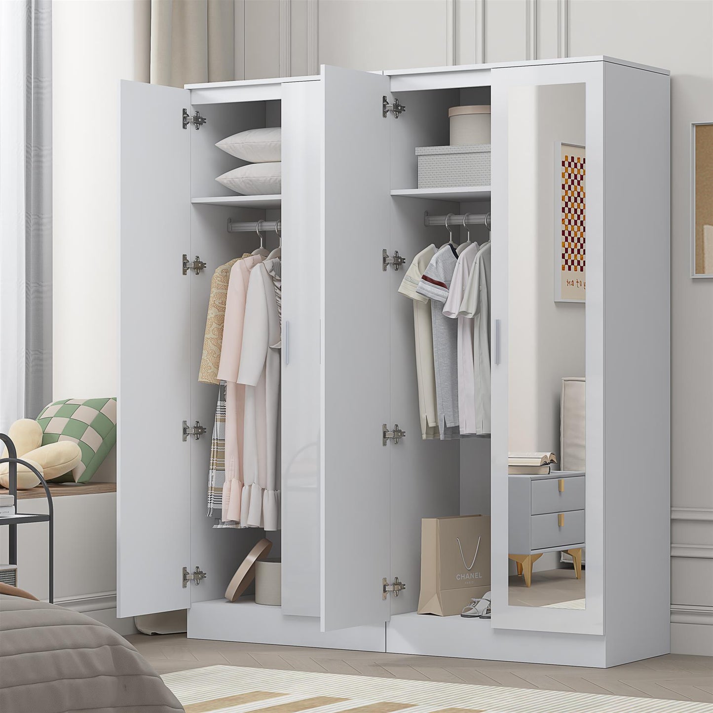 Reflect 2pc Wardrobe Bundle - 2 Door Mirror + 2 Door Plain - White Gloss & Matt White