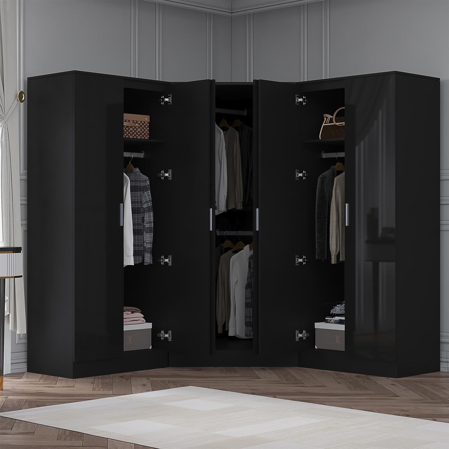 Reflect 3pc Wardrobe Bundle - 2 Door Corner + 2x 2 Door Plain - Black Gloss & Black Oak