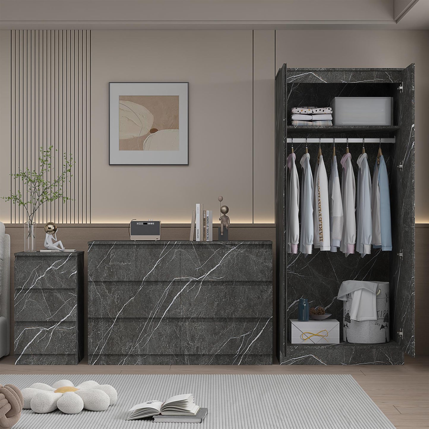 ZITA 3pc Set - 2 Door Wardrobe + Wide Chest + Bedside in White OR Grey Marble