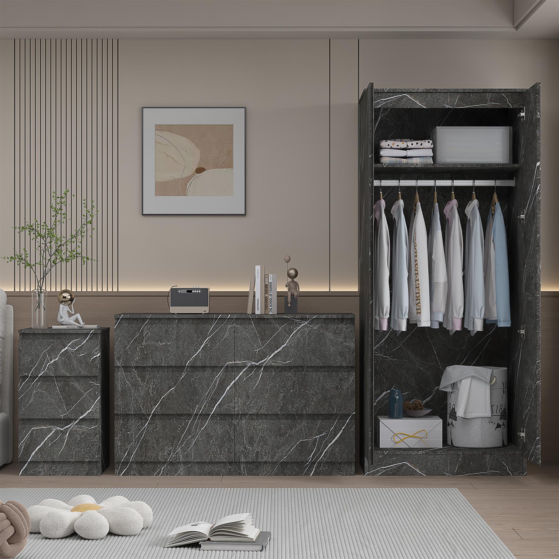 ZITA Grey Marble Effect 3 Piece Bedroom Set - 2 Door Wardrobe, 6 Drawer Chest & 3 Drawer Bedside, Stylish Bedroom Storage
