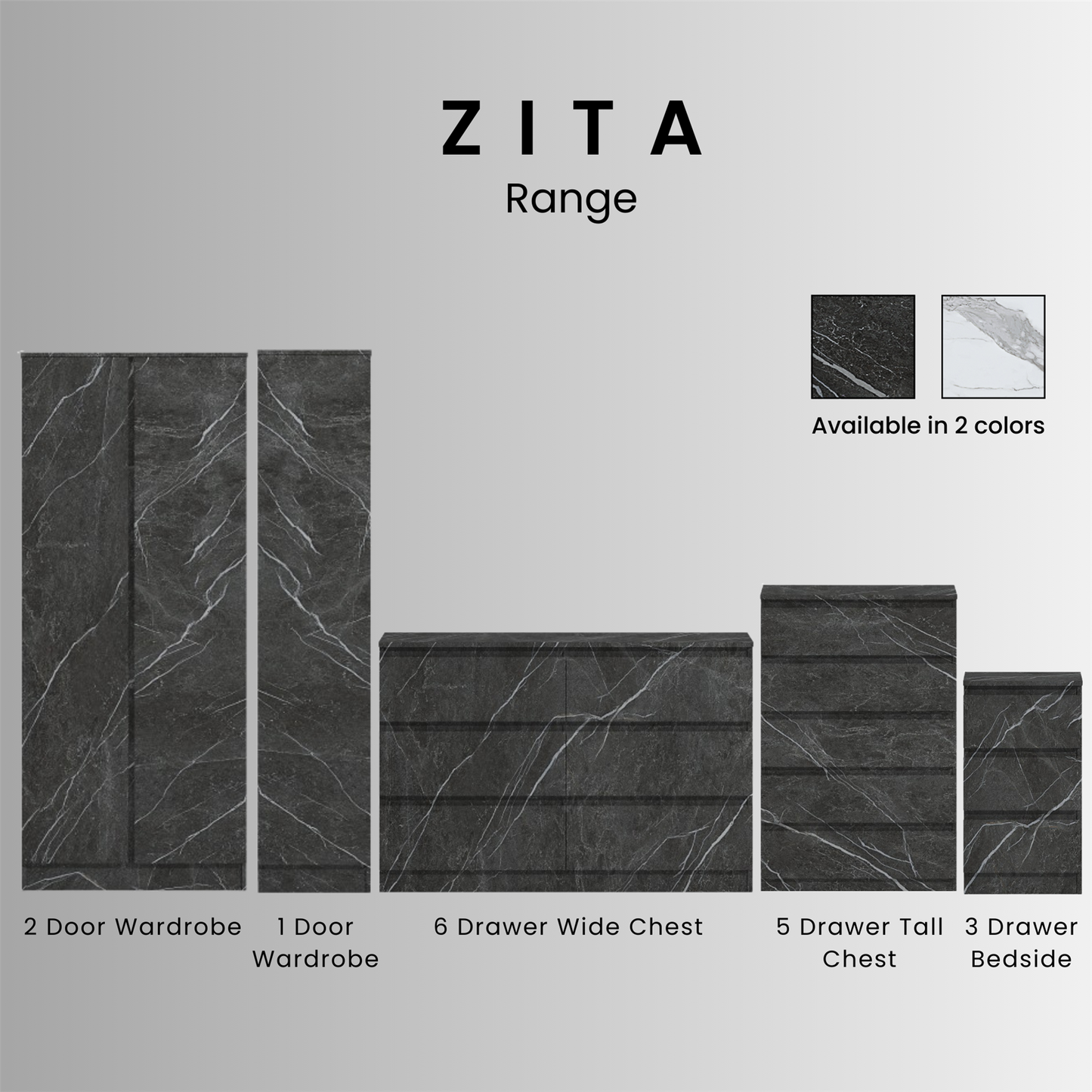 ZITA Bedroom Furniture Range Wardrobe Chest Bedside in Grey Marble Effect