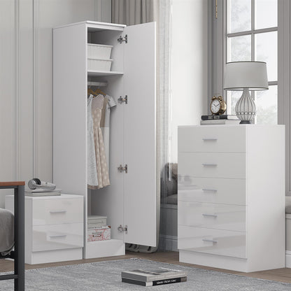 REFLECT Gloss 3pc Bedroom Set - 1 Door Wardrobe + 5 Draw Chest + Bedside