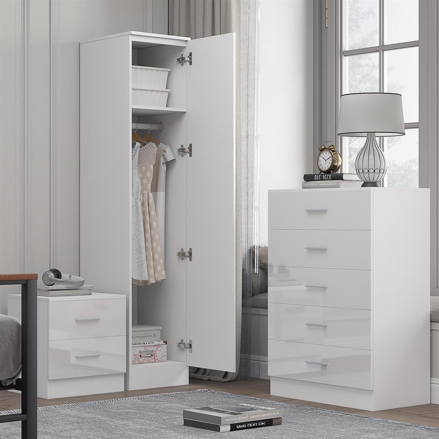 Reflect 1 Door Plain Wardrobe, 5 Drawer Chest, 2 Drawer Bedside - White Gloss & Matt White - Bedroom Furniture Set