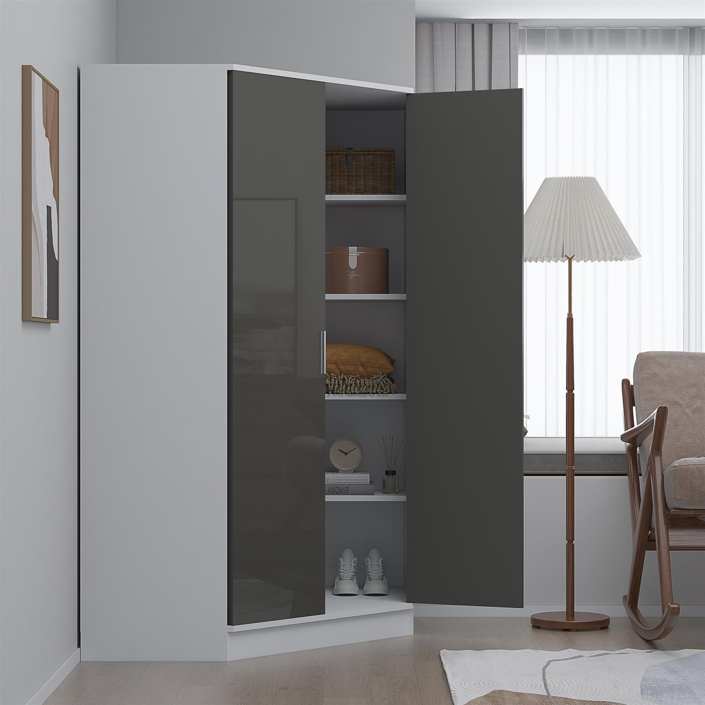Reflect 2 Door Corner Wardrobe - Grey Gloss & Matt White - 2 Hanging Rails & 8 Shelves - Modern Design