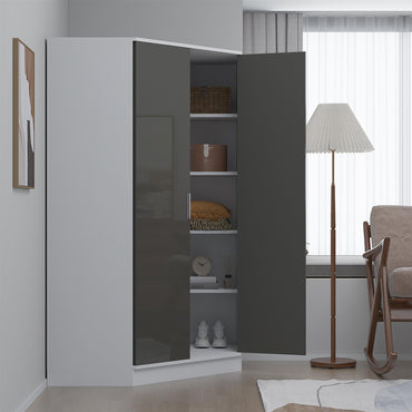Reflect 2 Door Corner Wardrobe - Grey Gloss & Matt White - 2 Hanging Rails & 8 Shelves - Modern Design