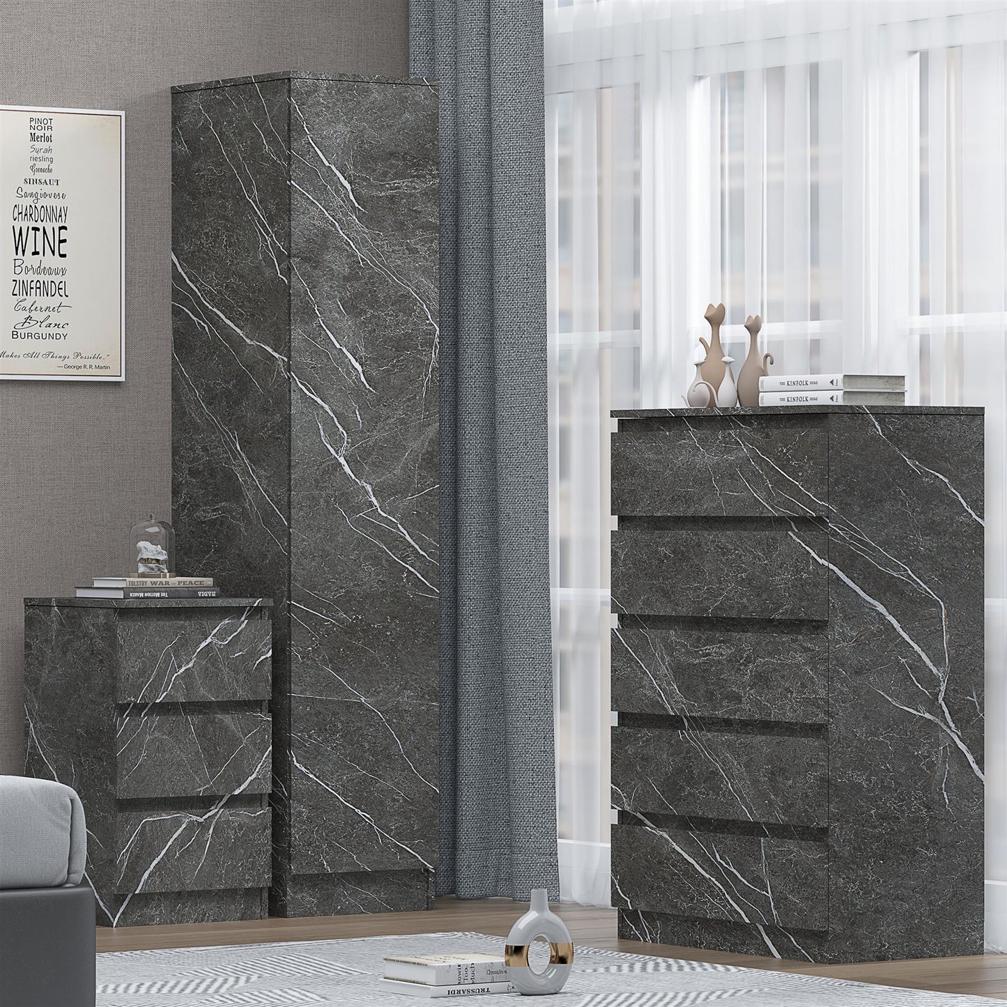 ZITA 3pc Set - 1 Door Wardrobe + Tall Chest + Bedside in White OR Grey Marble