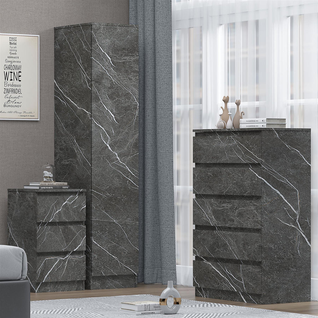 ZITA Grey Marble Effect 3 Piece Bedroom Set - 1-Door Wardrobe, Chest & Bedside Table, Stylish Modern Storage Furniture
