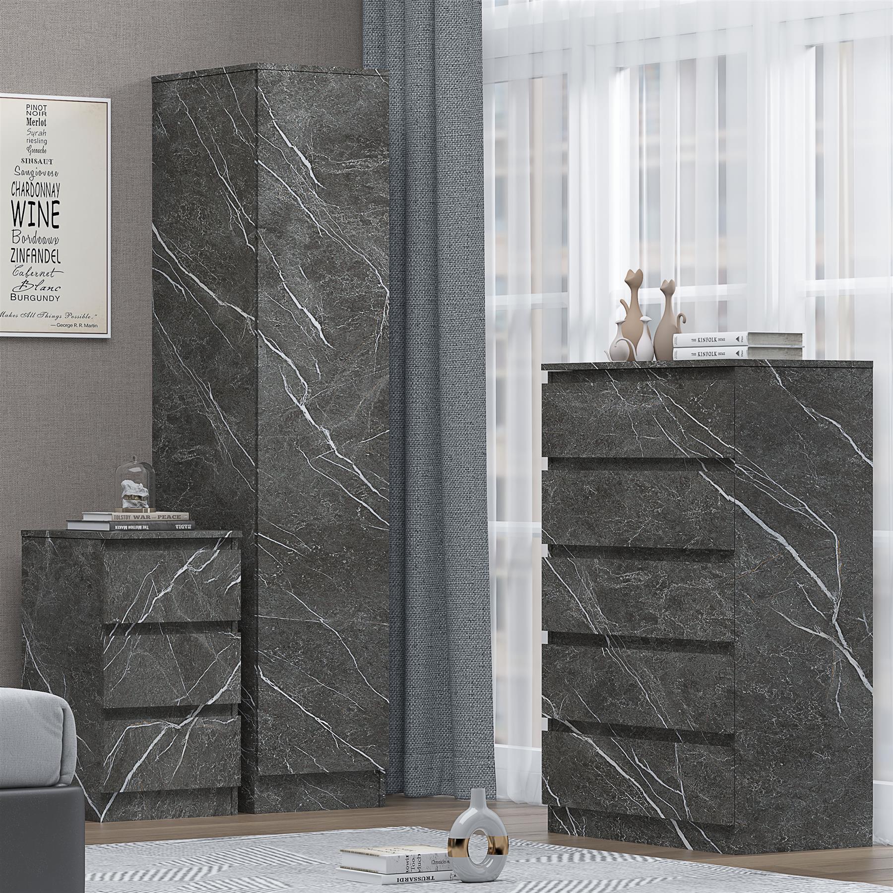 ZITA Grey Marble Effect 3 Piece Bedroom Set - 1-Door Wardrobe, Chest & Bedside Table, Stylish Modern Storage Furniture
