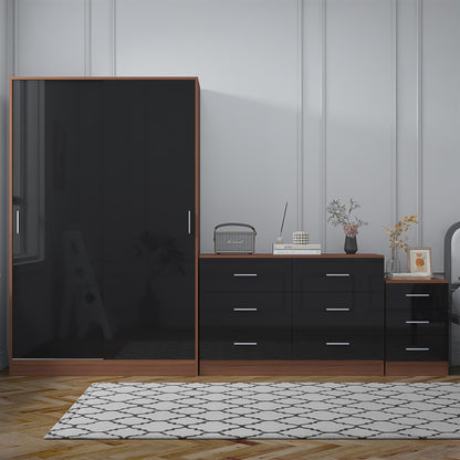 Reflect 2 Door Sliding Wardrobe, 6 Drawer Wide Chest, 3 Drawer Bedside - Black Gloss & Walnut - Modern Bedroom Furniture Set