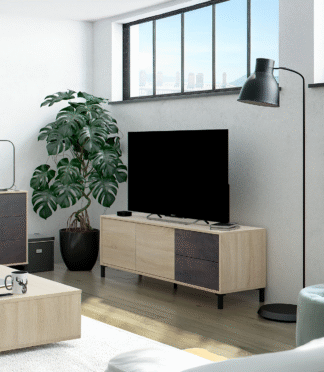BROOKLYN TV Unit Cabinet 2 Door + 2 Drawer - Oak & Dark Brown Wood (130cm)