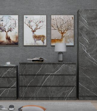 Bedroom Furniture 3pc Set: 1 Door Wardrobe, Wide Chest & Bedside - Grey/White Marble Effect ZITA