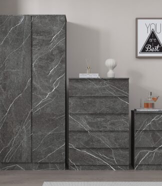 Bedroom Furniture 3pc Set: 2 Door Wardrobe, Tall Chest & Bedside - Grey/White Marble Effect ZITA