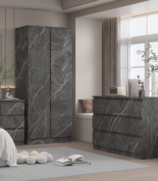 Bedroom Furniture 3pc Set: 2 Door Wardrobe, Wide Chest & Bedside - Grey/White Marble Effect ZITA